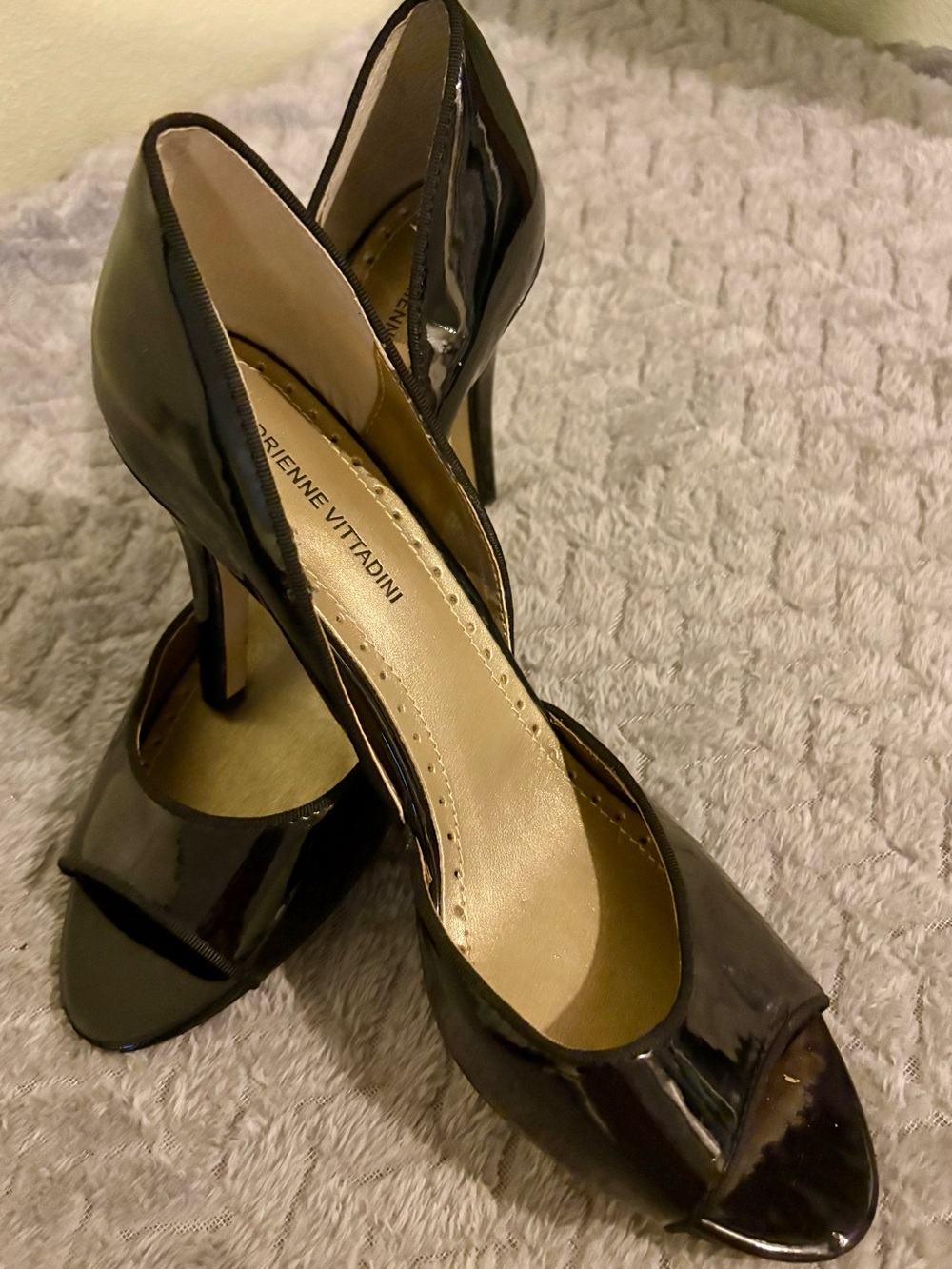 Adrienne Vittadini Black Patent Peep-Toe Stiletto Heels